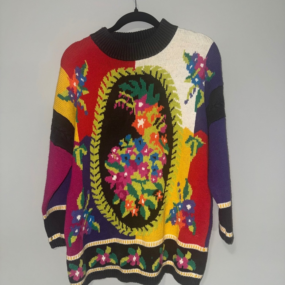 Vintage Style Colorblock‎ Floral Intarsia Knit Sweater Oversized Crew Neck Multi